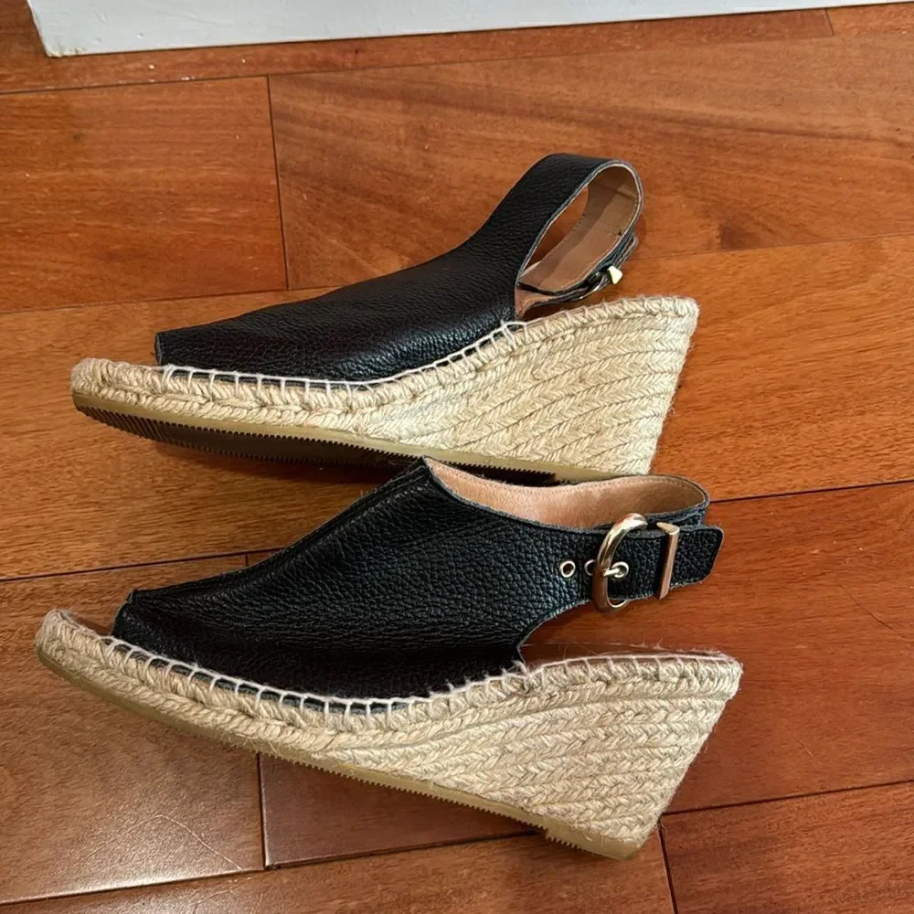 Anthropologie Maypol black Leather Cross Band‎ Espadrilles Wedge Sandals 40/9
